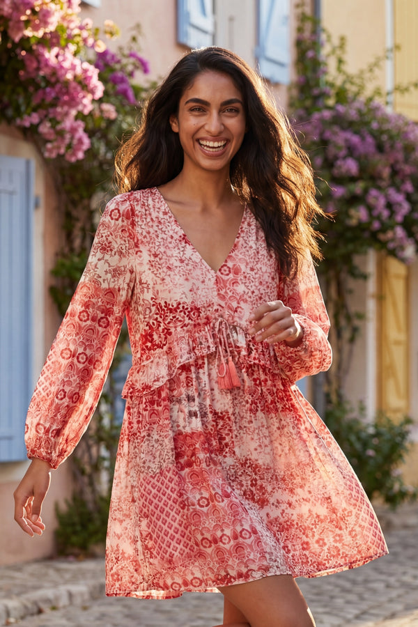 Loralie Print Tassel Tie Flowy Mini Dress