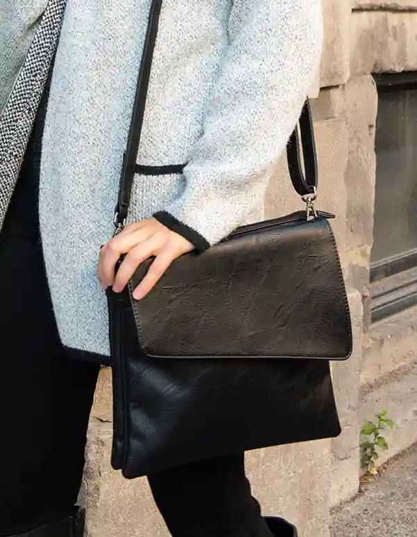 Luna Vegan Bag Crossbody Asymmetrical Flap - Onze Montreal Black Vegan Bags