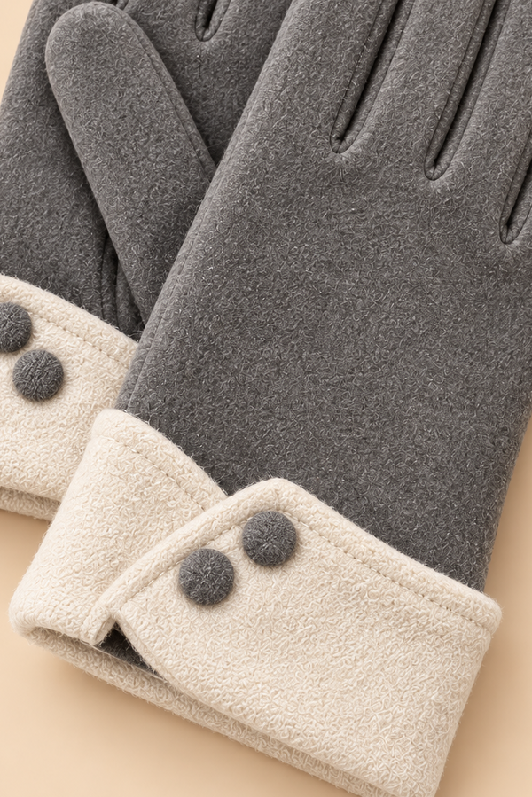 Grey Winter Gloves Contrast Button Cuffs