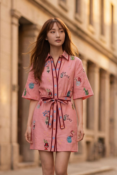 Lyne Robe Chemise Brodée Rose 