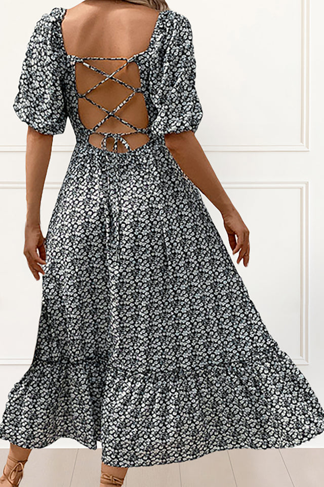 Malia Midi Dress Floral Print Crossed Back Straps Black