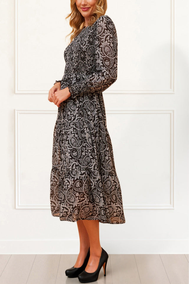 Maya Smocked Midi Dress Paisley Print Tiered Black