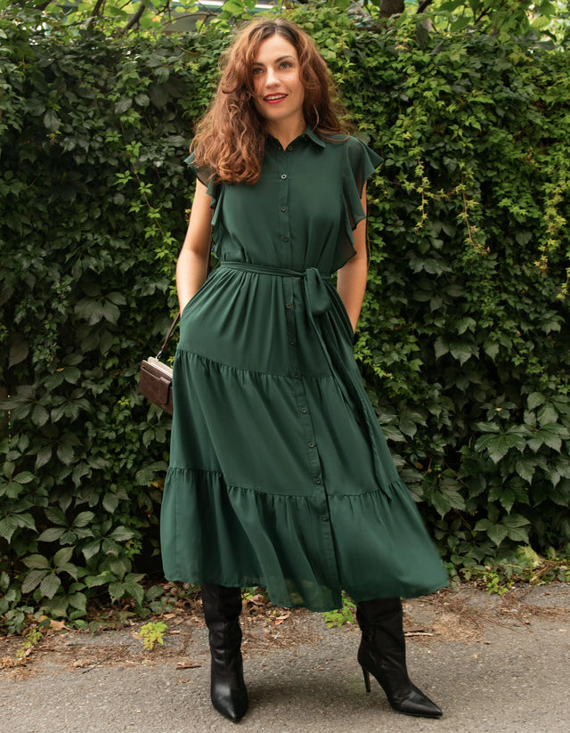 Melinda Midi Tiered Shirt Dress Green - Onze Montreal