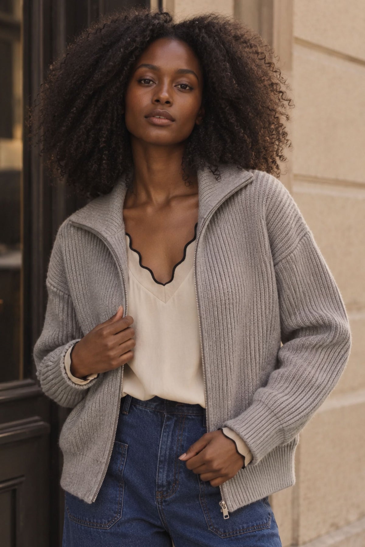 Maelys Ribbed Zip-Up Mock Neck Cardigan