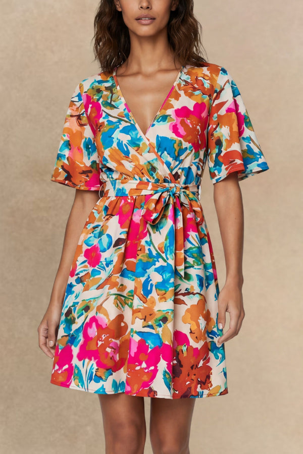 Maeve Mini Wrap Dress Floral Print Short Sleeves