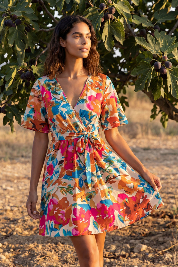 Maeve Mini Wrap Dress Floral Print Short Sleeves