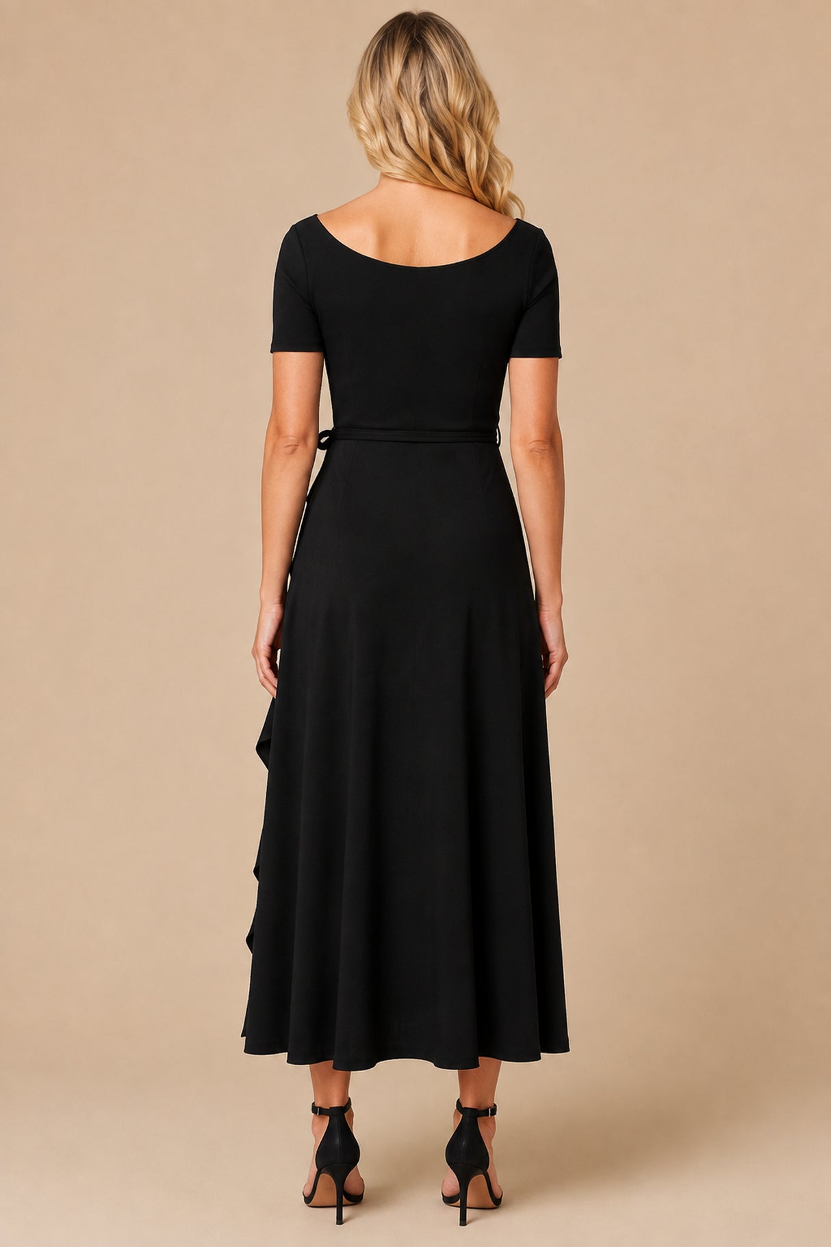 Malia black stretch ruffle maxi dress, back view