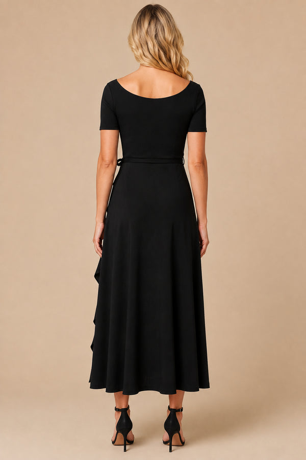 Malia black stretch ruffle maxi dress, back view