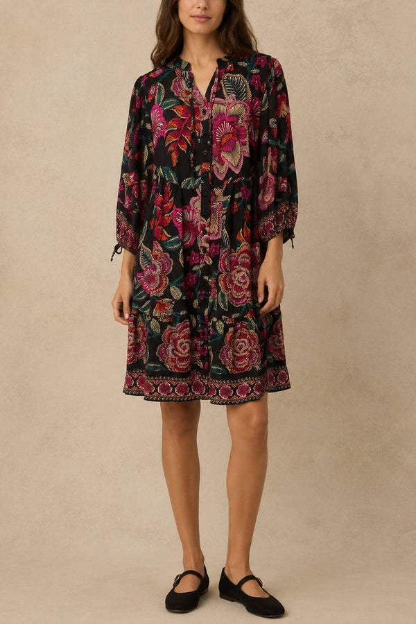 Mariah black multicolour floral dress front view on beige studio background