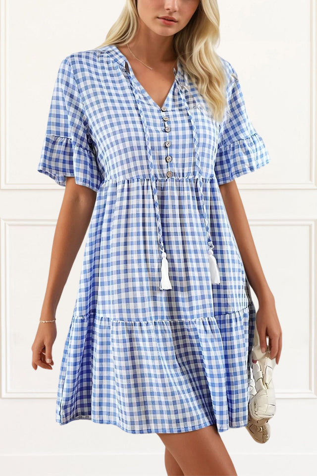 Marissa Plaid Dress V-Neck Short Sleeves Front Buttons