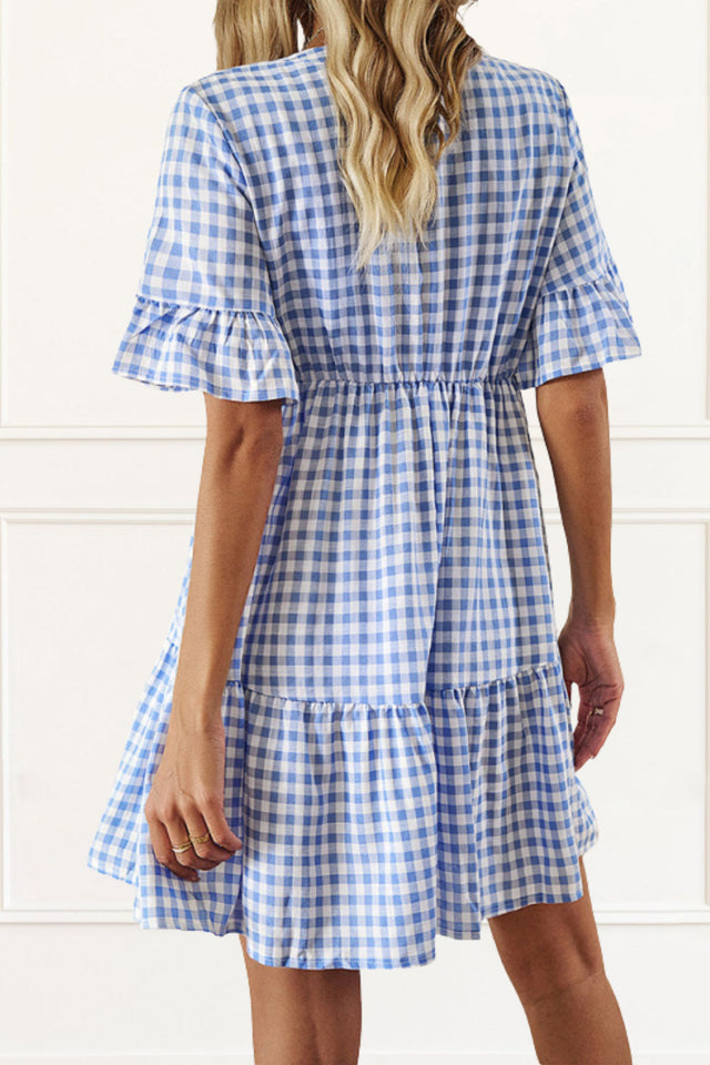 Marissa Plaid Dress V-Neck Short Sleeves Front Buttons