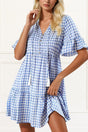 Marissa Plaid Dress V-Neck Short Sleeves Front Buttons