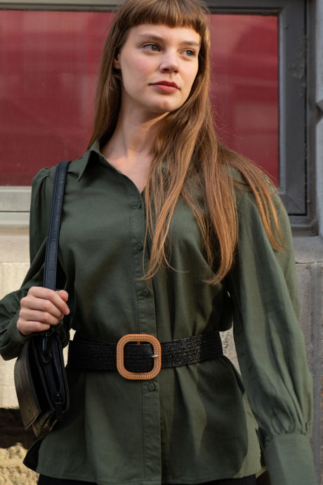 Maxine Quality Linen Blend Shirt Long Lantern Sleeves - Onze Montreal Black / XS Annick