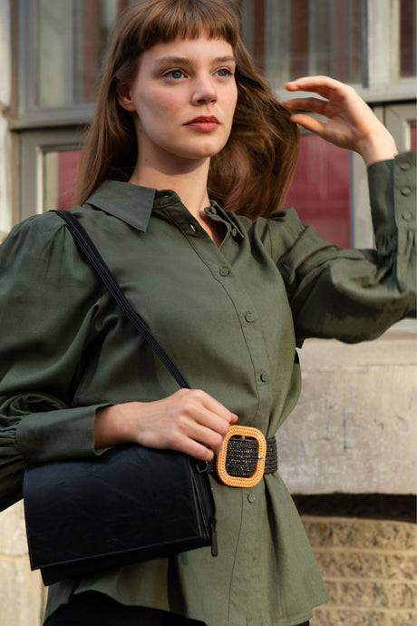 Maxine Quality Linen Blend Shirt Long Lantern Sleeves - Onze Montreal Black / XS Annick