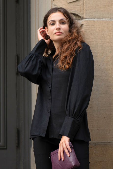 Maxine Quality Linen Blend Shirt Long Lantern Sleeves - Onze Montreal Black / XS Annick
