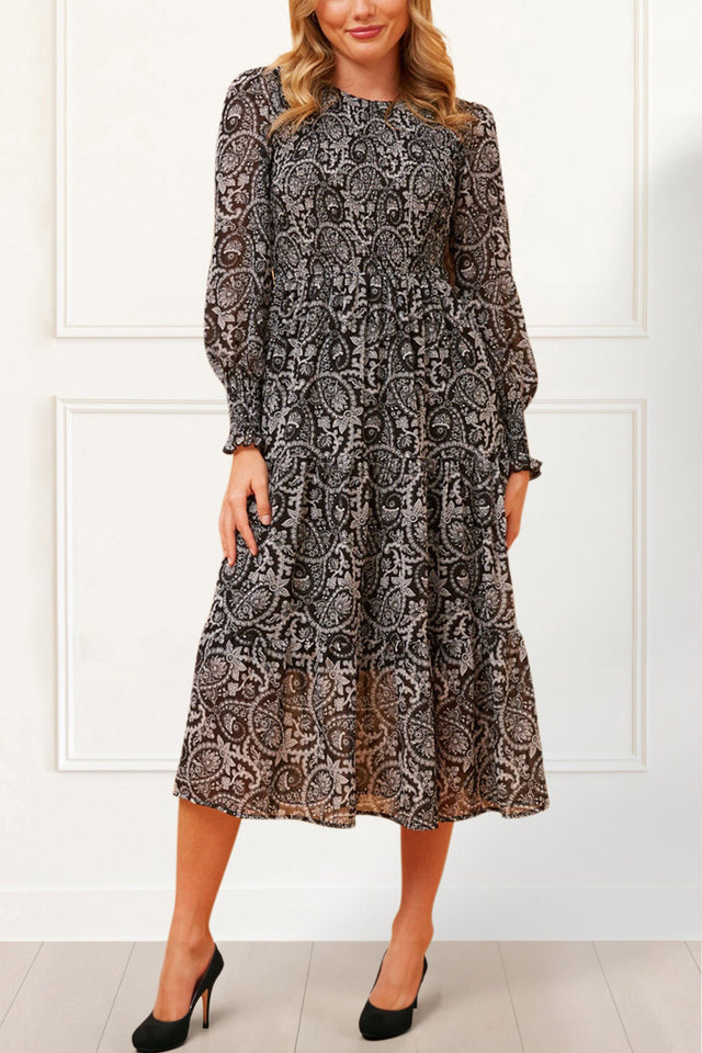 Maya Smocked Midi Dress Paisley Print Tiered Black