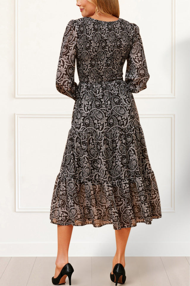 Maya Smocked Midi Dress Paisley Print Tiered Black