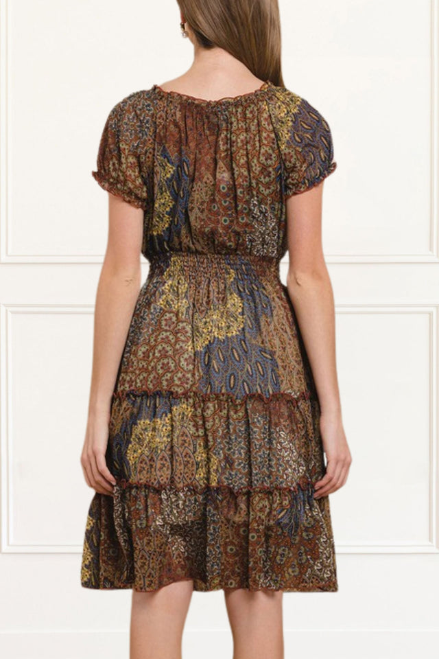 Michelle Mini Dress Round Collar Peacock Print Short Sleeves