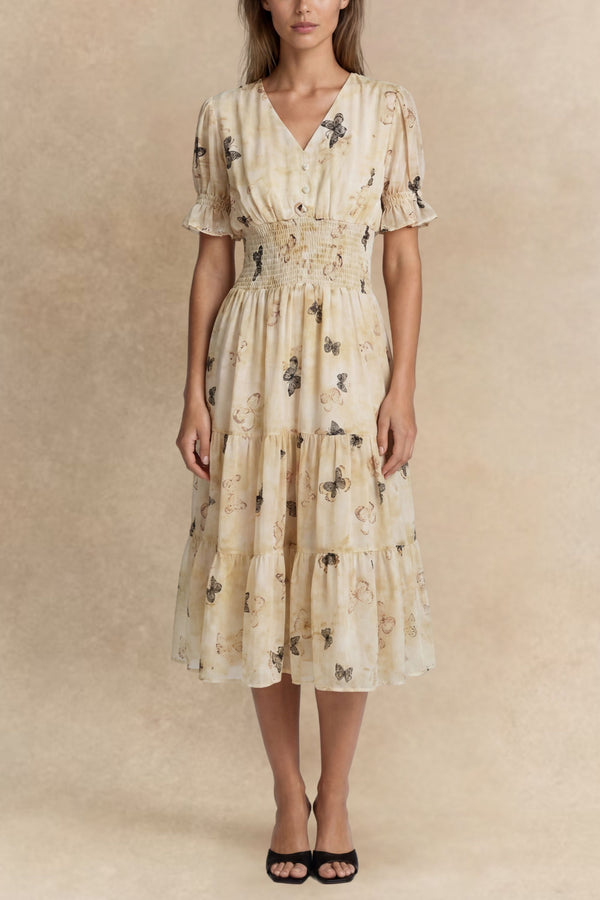 Miranda Robe Midi Étagée Imprimé Papillon Taille Smockée