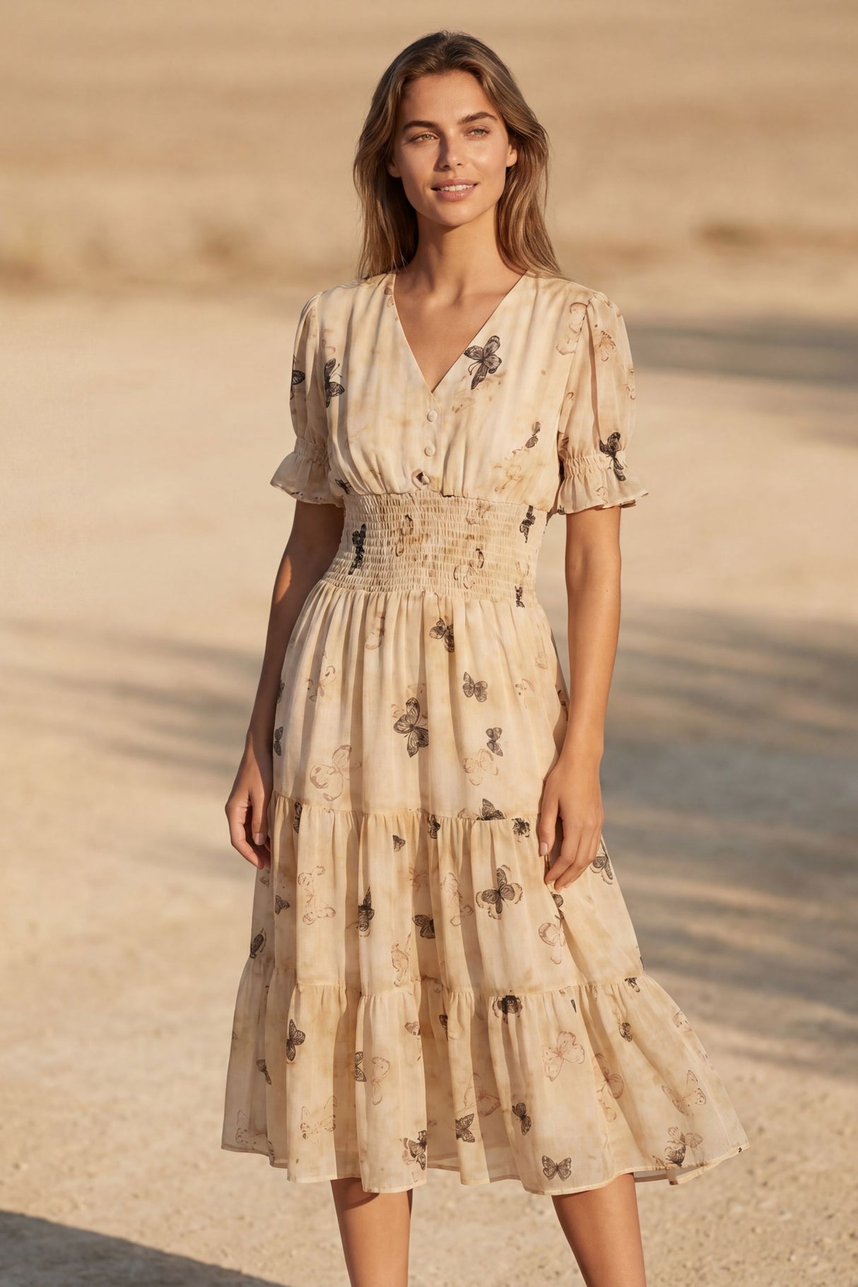 Miranda Robe Midi Étagée Imprimé Papillon Taille Smockée