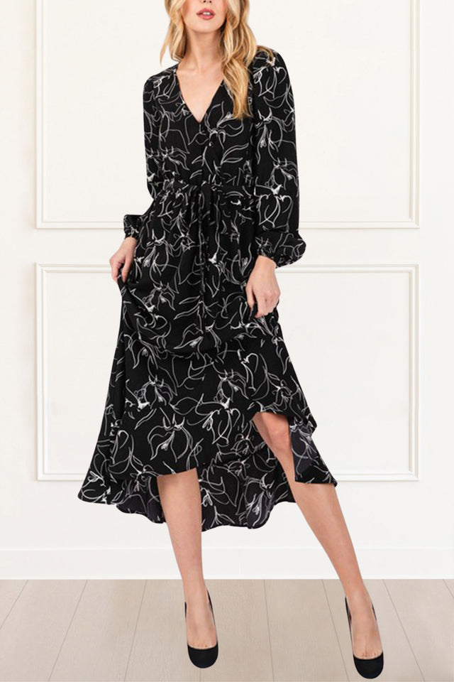 Molly Midi Dress Printed Crossover Long Sleeves Black