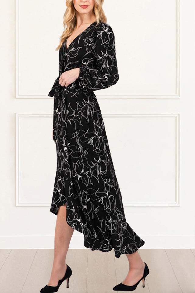 Molly Midi Dress Printed Crossover Long Sleeves Black