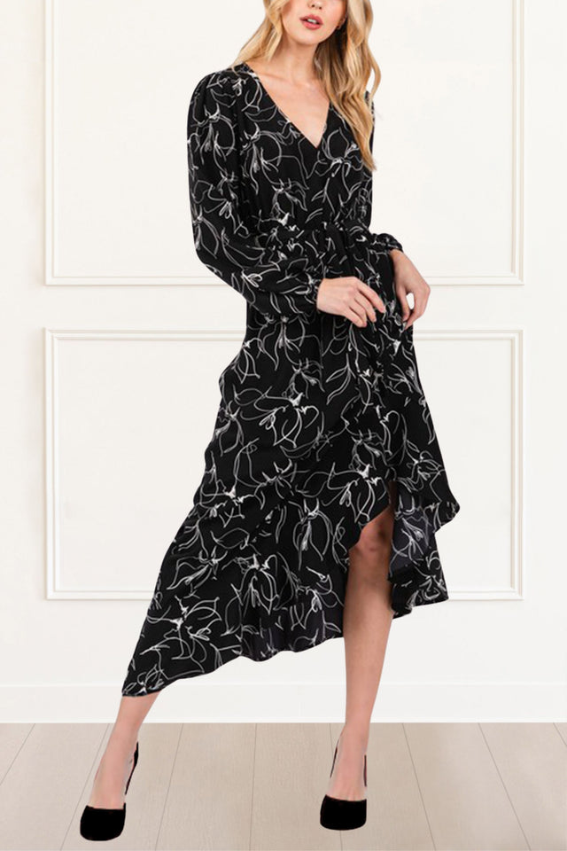 Molly Midi Dress Printed Crossover Long Sleeves Black