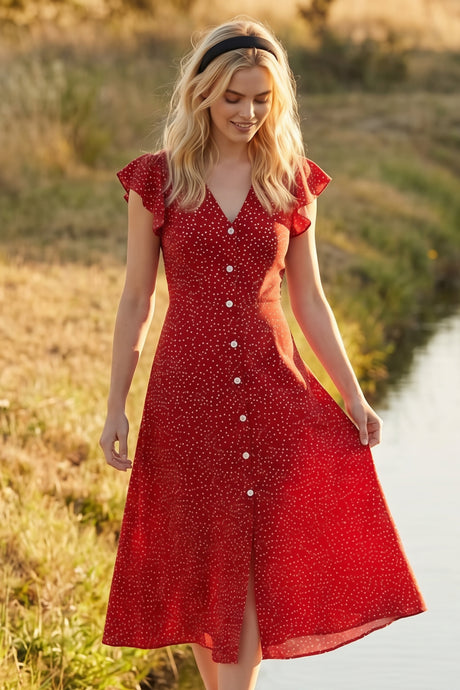 Molly Button Midi Dress Ruffle Sleeves