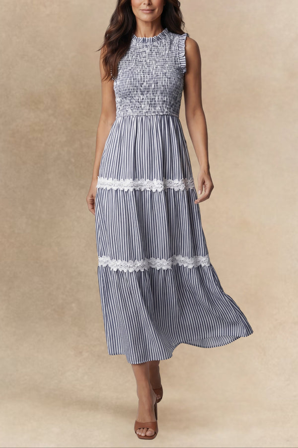 Myrtle Robe Midi Rayures Broderies Smockées