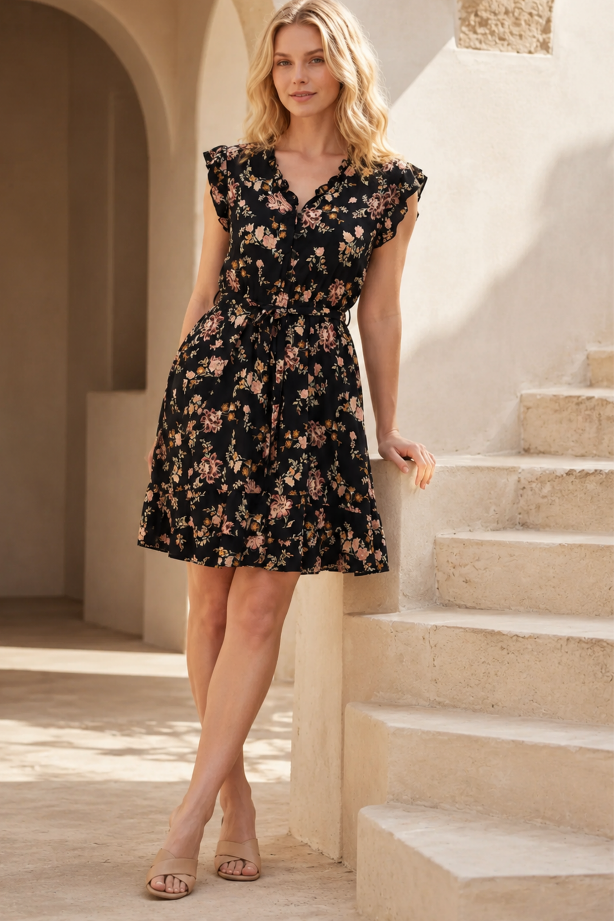 Natasha Robe Courte Floral Poches Ceinture Volants
