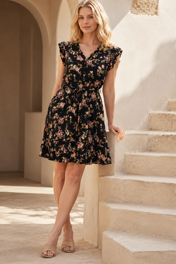 Natasha Robe Courte Floral Poches Ceinture Volants