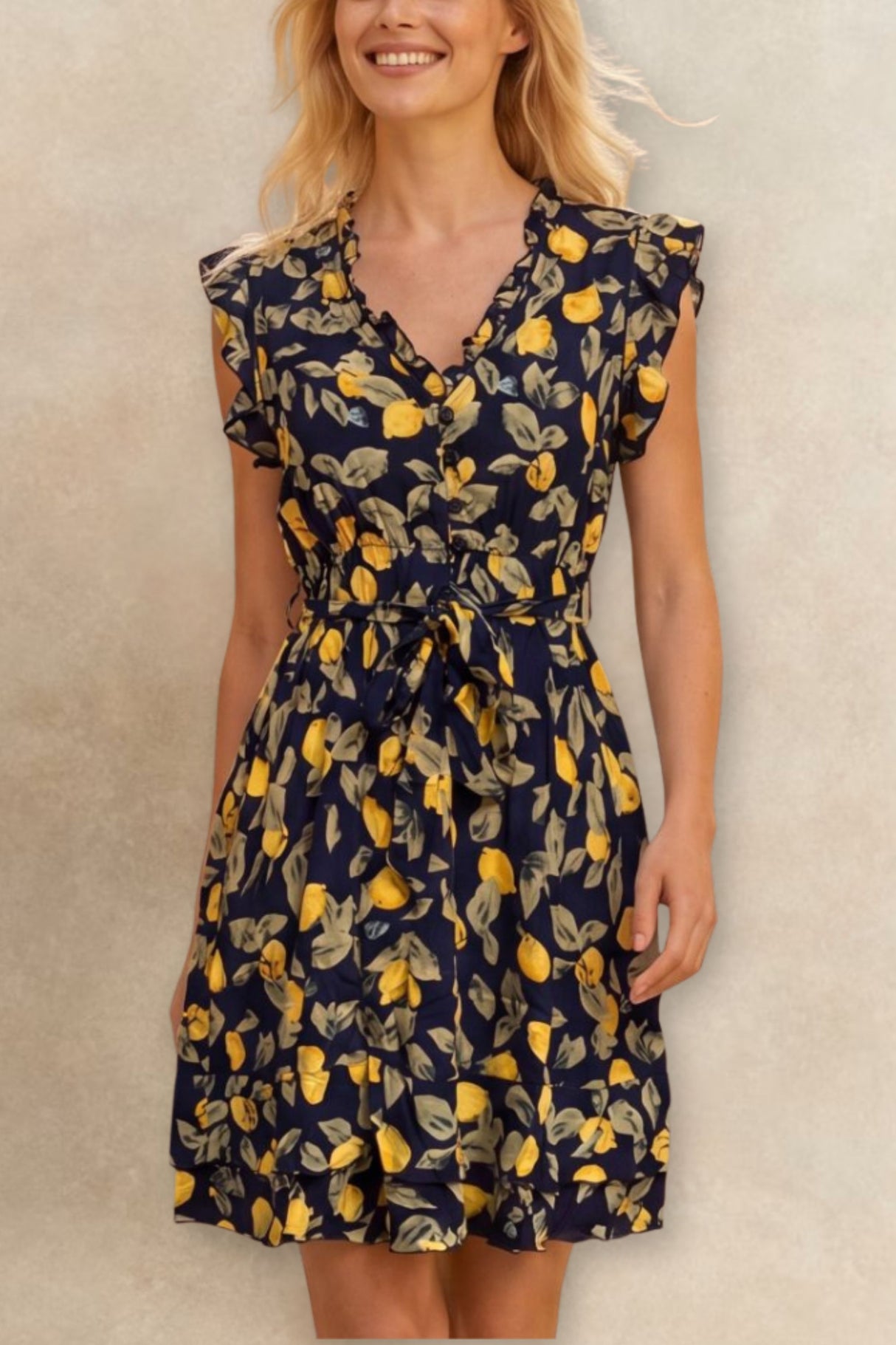 Natasha Robe Courte  Imprimé Citrons Poches & Ourlet Froncé
