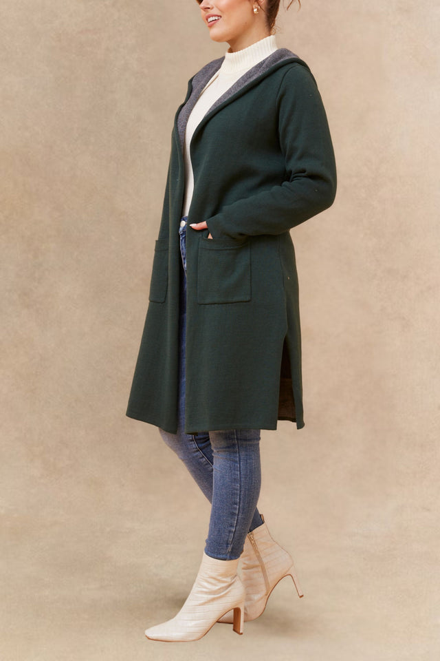 Nora Cardigan Long Ouvert à Capuche Léger Bicolore Décontracté Tendance