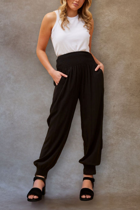 Nadine Pantalon Sarouel Taille Nid D'Abeille avec Poches Uni