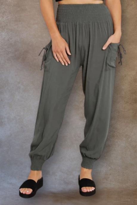 Nadine Pantalon Sarouel Taille Nid D'Abeille avec Poches Uni