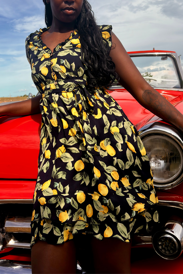 Natasha Robe Courte  Imprimé Citrons Poches & Ourlet Froncé