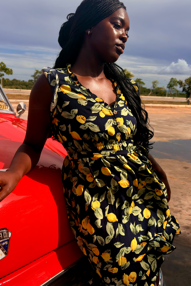 Natasha Robe Courte  Imprimé Citrons Poches & Ourlet Froncé