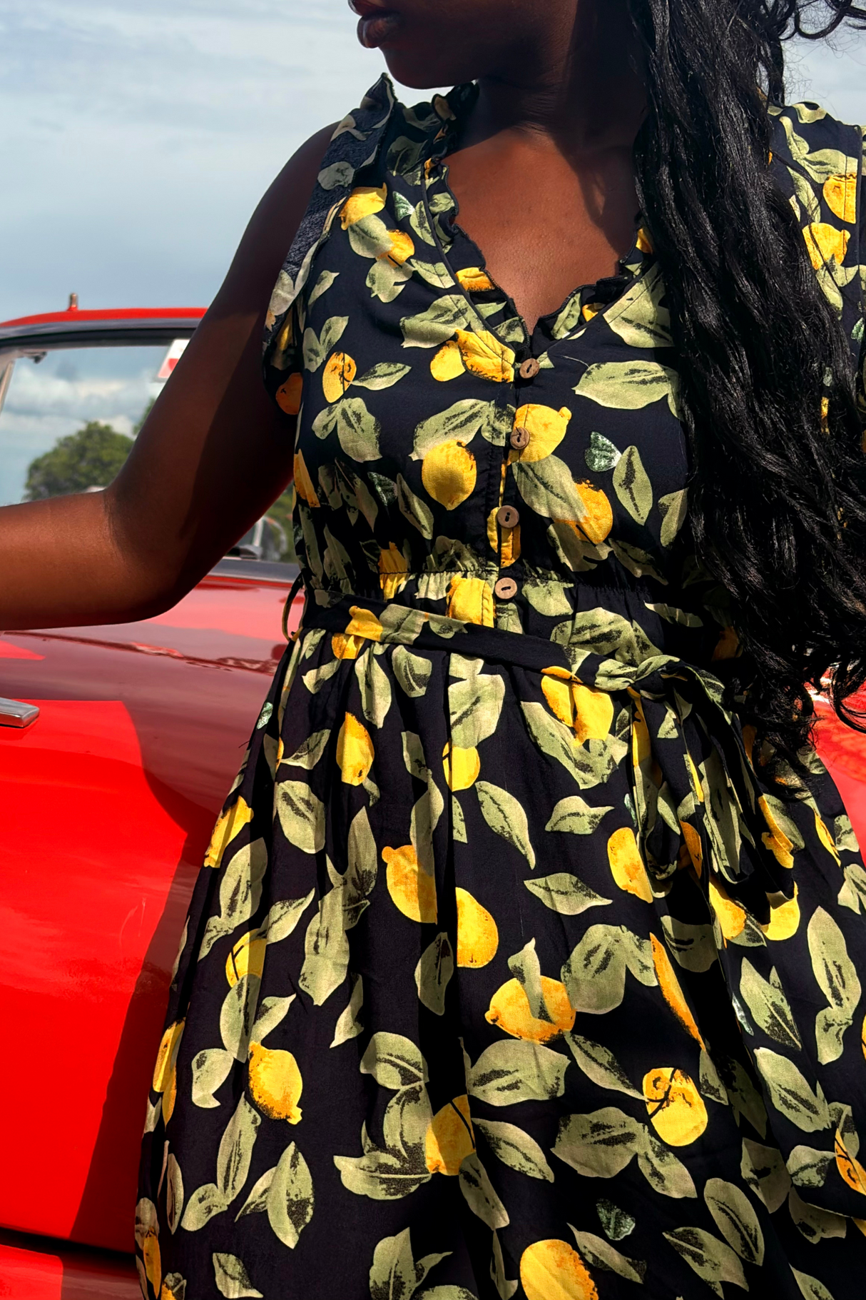 Natasha Robe Courte  Imprimé Citrons Poches & Ourlet Froncé