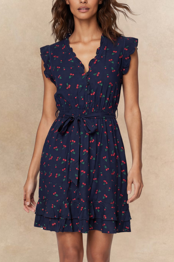 Natasha Robe Courte Imprimée Cerises Ceinture Poches & Détails Plissés 