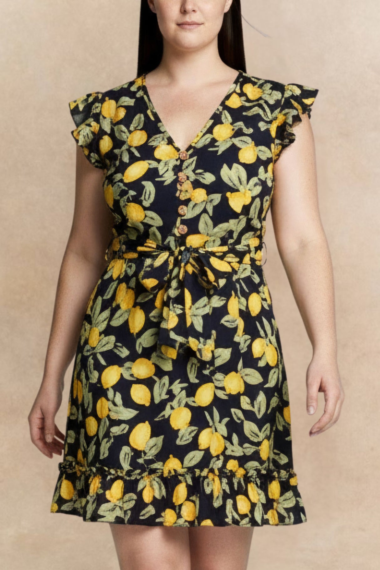 Natasha Robe Courte  Imprimé Citrons Poches & Ourlet Froncé