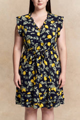 Natasha Lemon Print Short Dress Belt Pockets Ruffled Hem