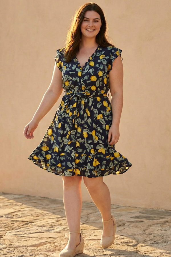 Natasha Robe Courte  Imprimé Citrons Poches & Ourlet Froncé