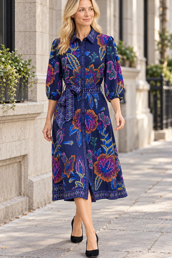 Robe-chemisier Adelina bleu marine à imprimé floral