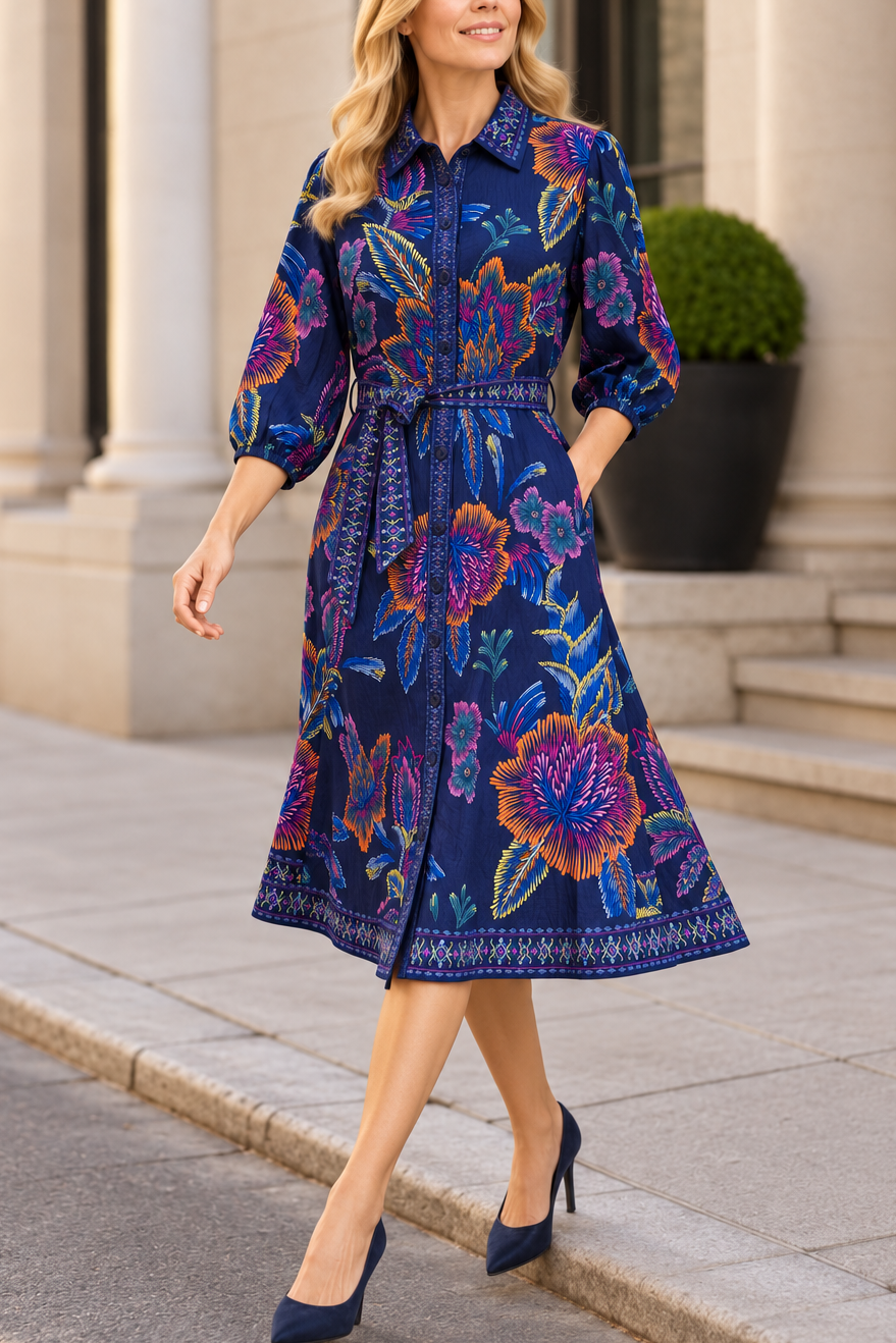 Robe-chemisier Adelina bleu marine à imprimé floral