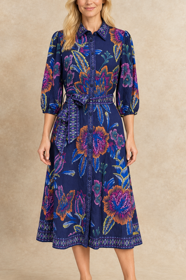 Robe-chemisier Adelina bleu marine à imprimé floral