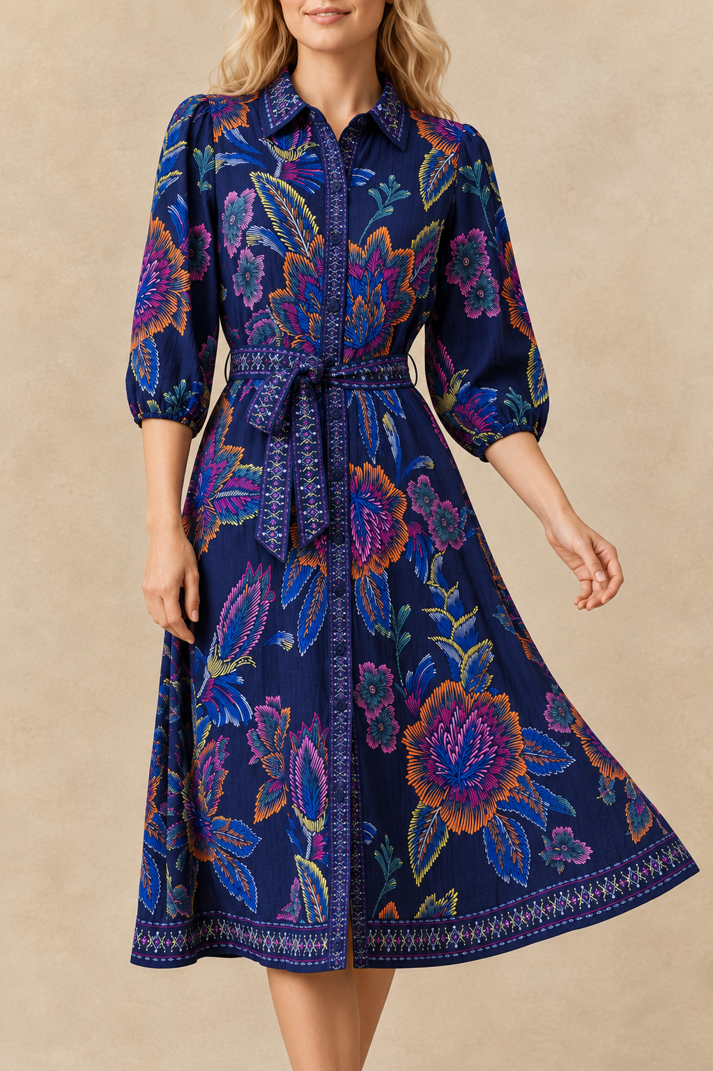 Robe-chemisier Adelina bleu marine à imprimé floral