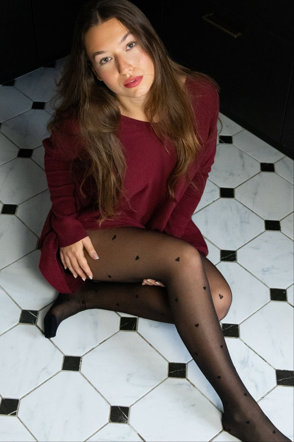 Tights Women's Sheer Black Tights – Heart Print Pantyhose, High Waist, Elegant & Sexy - Onze Montreal Black / A Annick