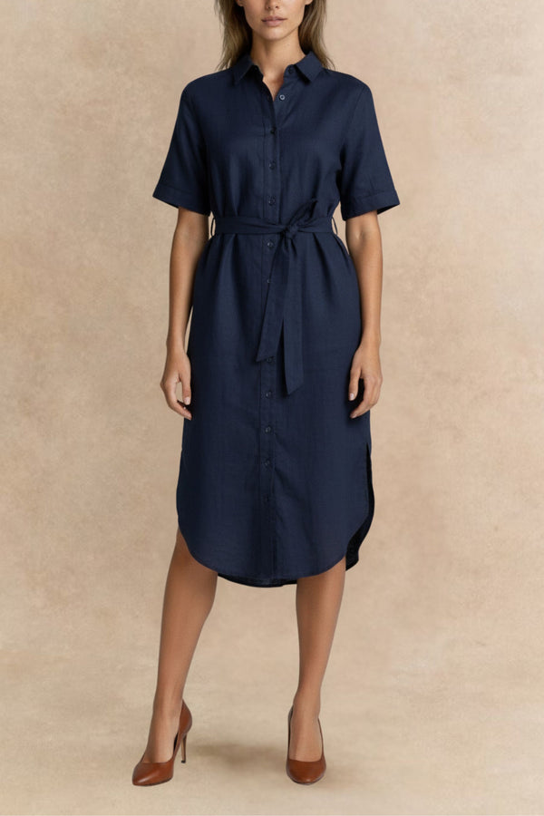 PRE-SALE | Anna Navy Shirt Midi Dress with Tie Waist