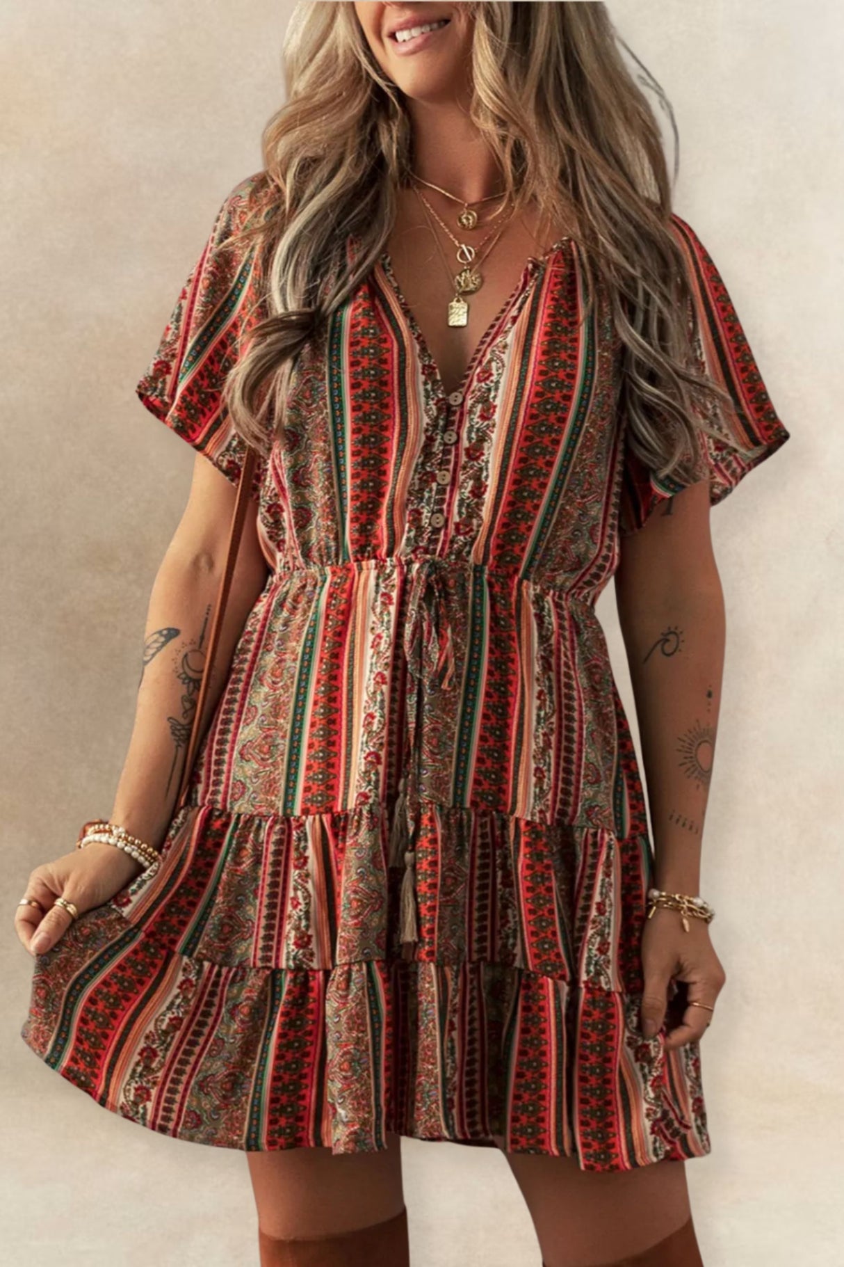 Alessandra Bohemian Floral Print Buttoned V Neck Ruffle Tiered Dress