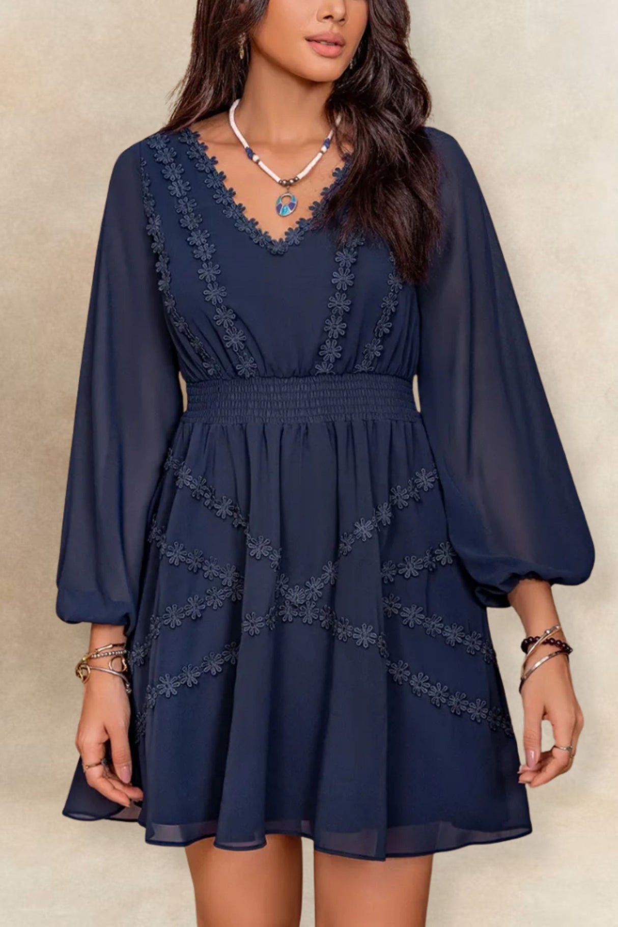 Valeria Lace Detail V-Neck Balloon Sleeve Mini Dress